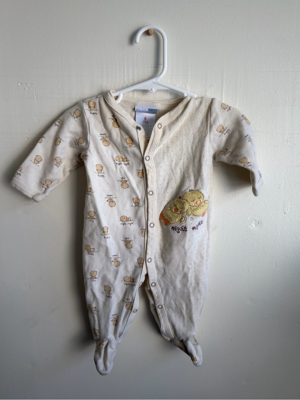 Vintage Butter Yellow Baby One-Piece Footed Pajamas with Chick Appliqué